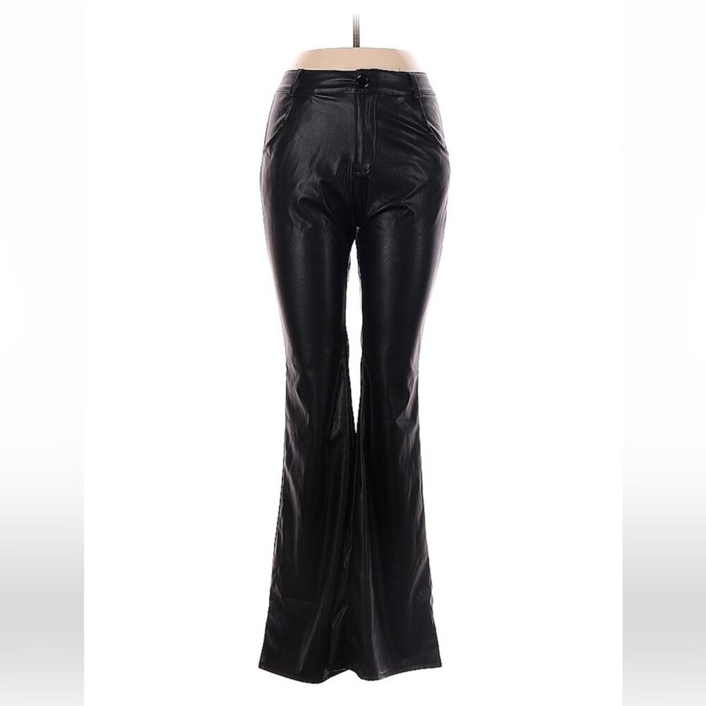 Mint Vanilla Vegan Leather black high rise bell bottom pants, size 10 NWT